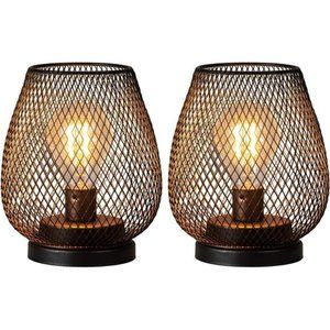 Set of 2 Battery Operated Lamp LED Table Lantern, Metal Cage Cordless Lamp